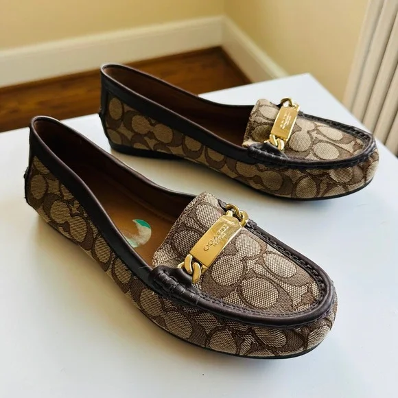 COACH Signature Jacquard Driving Loafers Brown Monogram Gold Hardware Size 8 - Picture 2 of 9